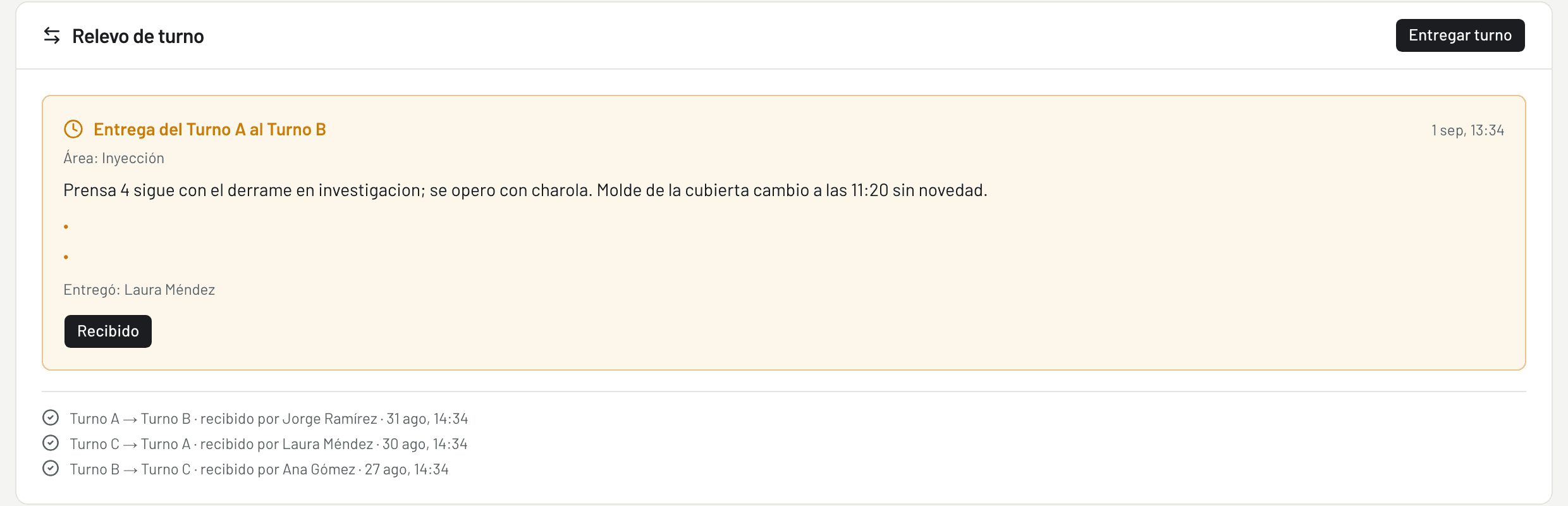 Relevo de turno con pendientes, responsables y firmas de entrega y recepción